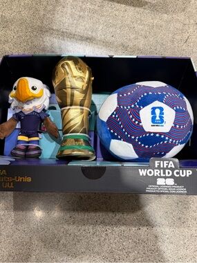 FIFA World Cup Plush Set with Blue/White Soccer Ball and Gold Trophy